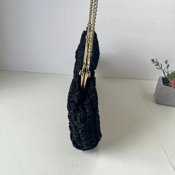 Macrame or Knit Strawy Weave Evening Bag Purse Black Gold Chain Retro Glam - Picture 6 of 12